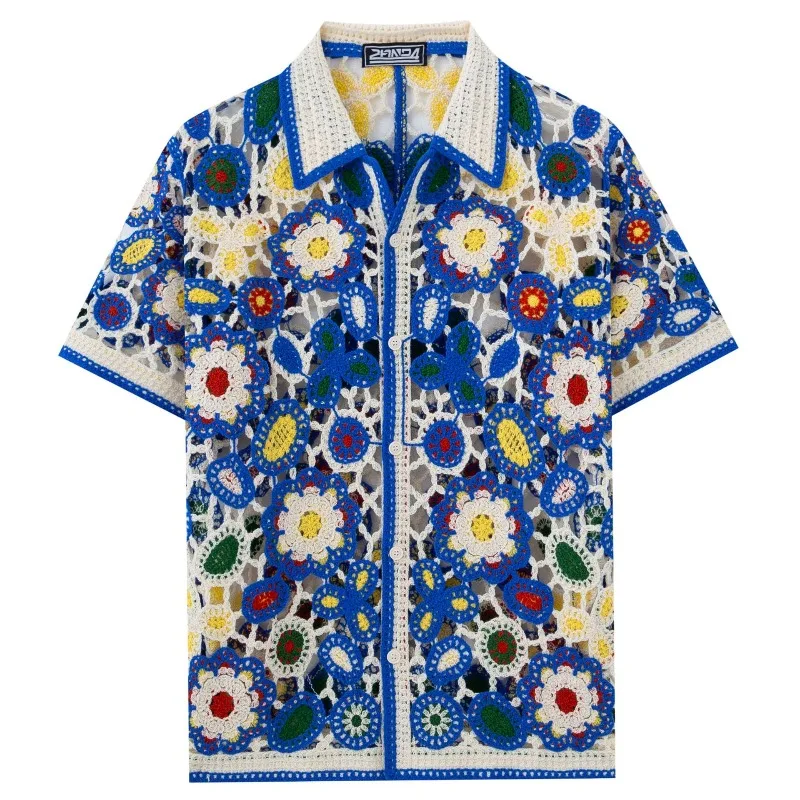 Vintage Boho Floral Crochet Knit Shirt Men Colorful Hollow See Through Short Sleeve Button Down Y2K Streetwear Beach Holiday Top