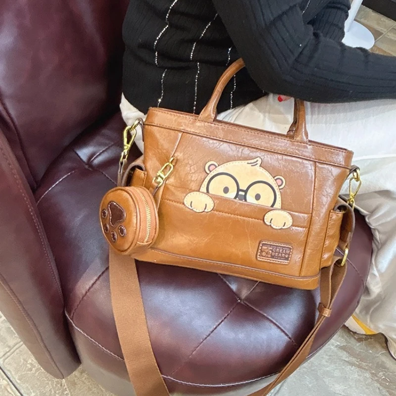 

Cream Bear Official Casual Retro Tote College Women's Bag Large Capacity One Shoulder Crossbody Going Out One Shoulder Crossbody
