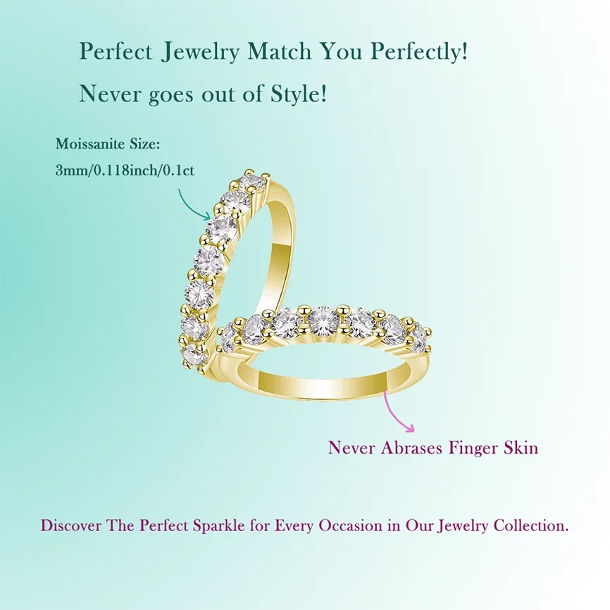 3mm 0.7cttw 7-Stone Moissanite Band Ring - S925 Sterling Silver Gold-Plated, Elegant Eternity Style with Sparkling Stones