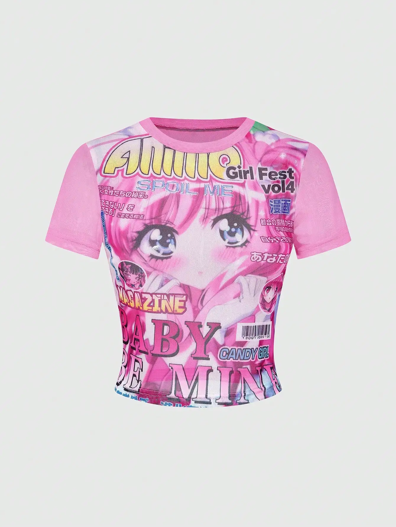 Pink Sheer Graphic Crop Top with Anime-Inspired Print, Short Sleeve, High Stretch