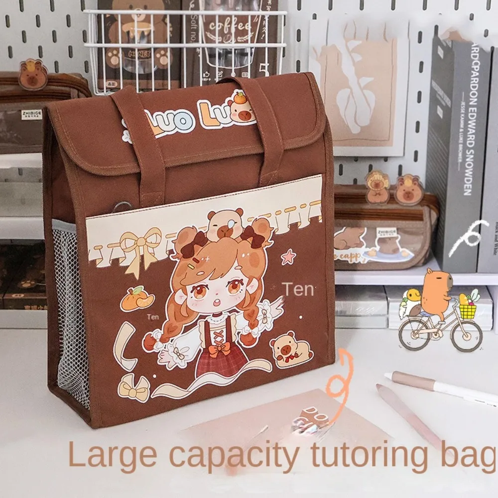Multifunction Cartoon Tote Tutorial Bag Large-capacity Handheld Capybara Tote School Bag Side Mesh Pocket Portable