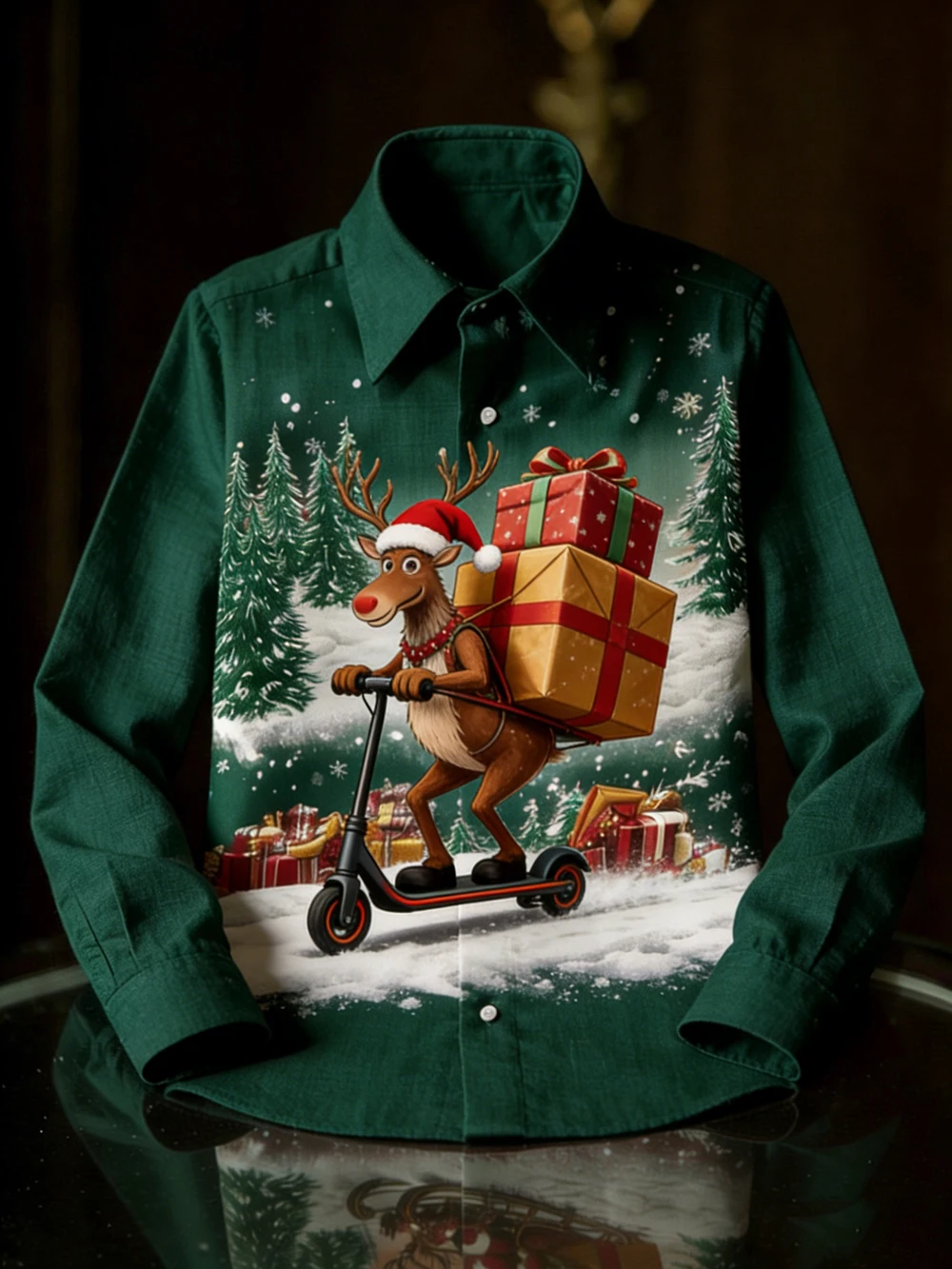 2026年 メンズ新作 リネン クリスマス スキー 新年ギフト 3Dプリントシャツ ハワイアン カジュアル ホームパーティー 長袖Tシャツ 男性用