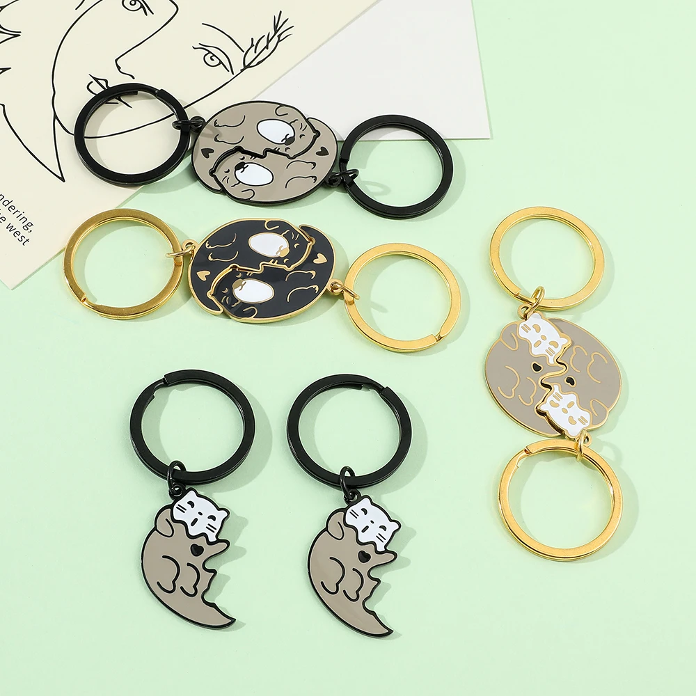 2 Piece Stainless Steel Keychain Cartoon Otters Cat Couple Matching Keychain Cute Animal Puzzles Keyrings Keyholder Lovers Gifts