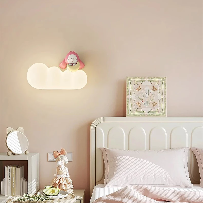 Pink Rabbit Lamp On White Clouds Cute Girl Bedroom Bedside Wall Lamps Modern Cartoon Children\'s Room Princess Room Wall Lights