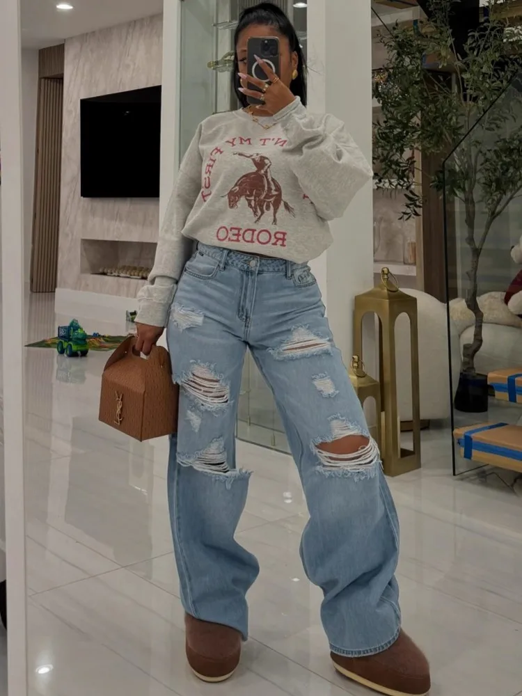 Women High Waist Wide Leg Pants Hole Straight Pants Long Jeans Casual Trendy Trousers 2025 Autumn Winter New Denim Trousers