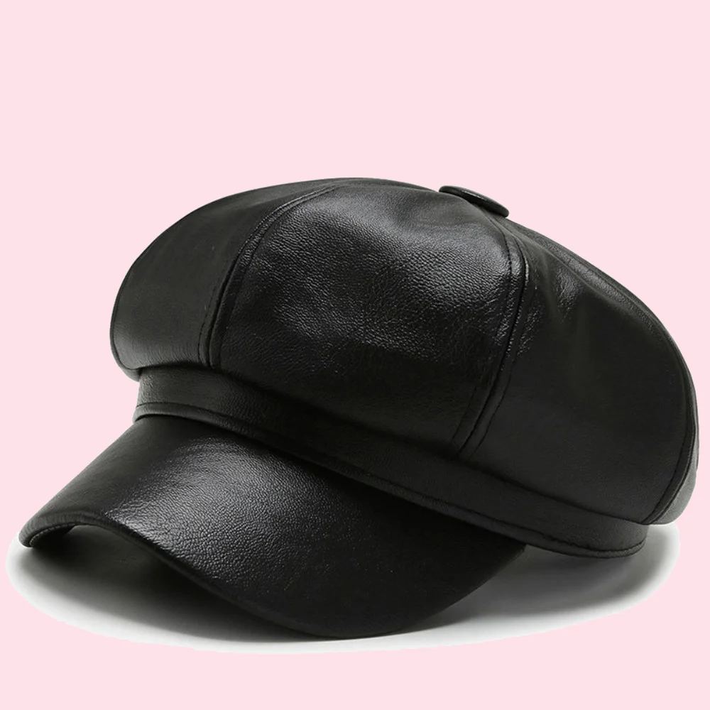 

PU Leather Berets Hat Retro British Solid Beret Baseball Cap Outdoor Sun Hat Winter Warm Octagonal Hats Newsboy Caps Women Men