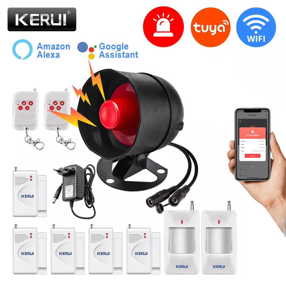 KERUI Tuya WIFI inteligente sistema de alarma de seguridad inalámbrico sirena 433Mhz Sensor de puerta de movimiento antirrobo Compatible con Google