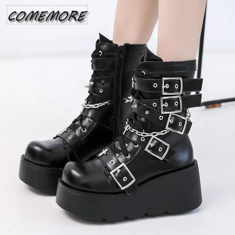 Punk Metal Buckle Platfom Ankle Boots Women 2022 Autumn PU Leather Chunky Heels Gothic Shoes Woman Thick Bottom Motorcycle Botas