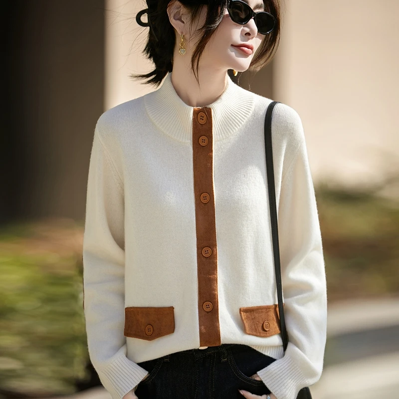 

Women's Warm 100% Sheep Wool Cardigan Stand Collar Loose Fit Knit Sweater Ladies' Jacket with Contrasting Colours Coat