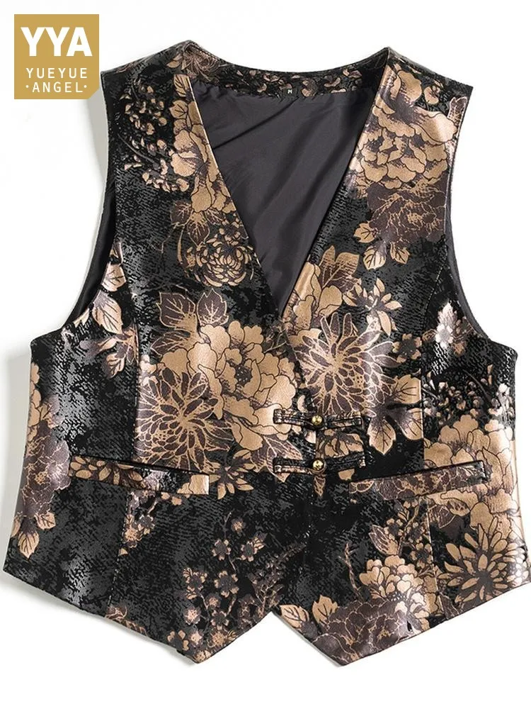 Retro Style Female Printed Color V-Neck Genuine Leather Vest Slim Single Breasted Sleeveless Handmade Sheepskin Outerwear 4XL