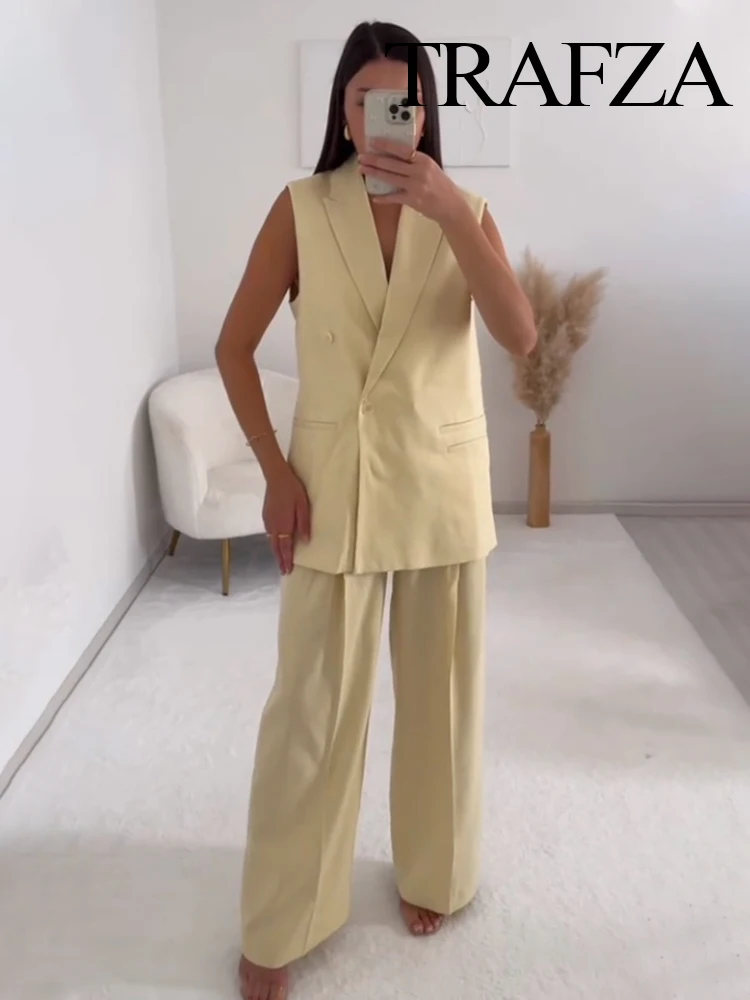

TRAFZA Women Summer Suit Solid Turn-Down Collar Sleeveless Pockets Single-Breasted Vest Top+High Waist Zipper Casual Long Pants