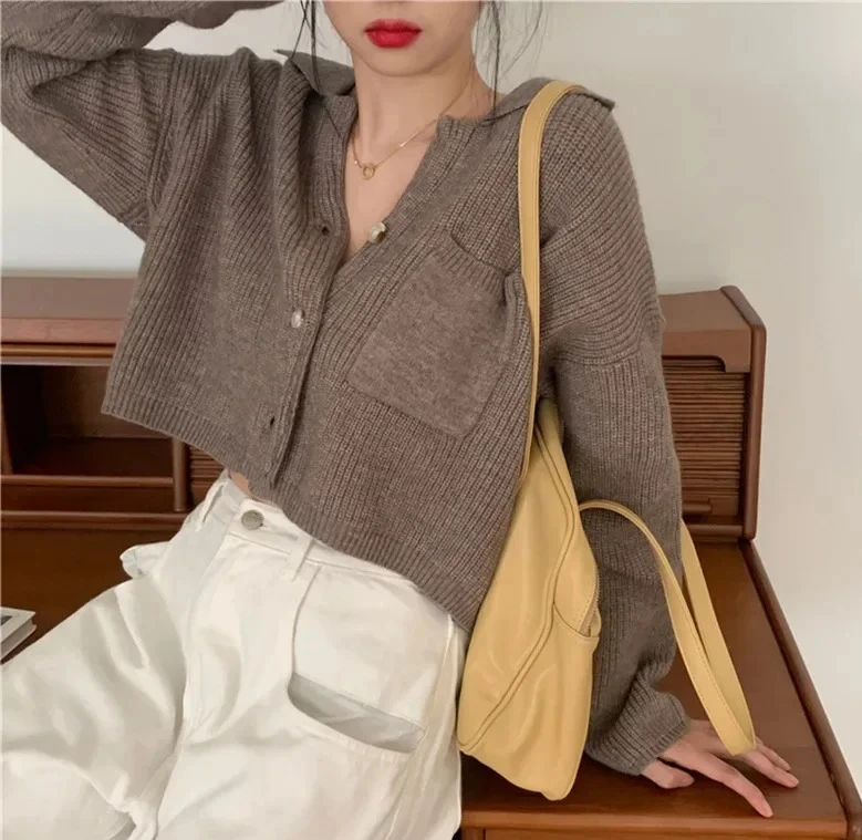 

Темпераментный кардиган, пальто, женская одежда, модный карманный тянущий женский однотонный модный вязаный свитер