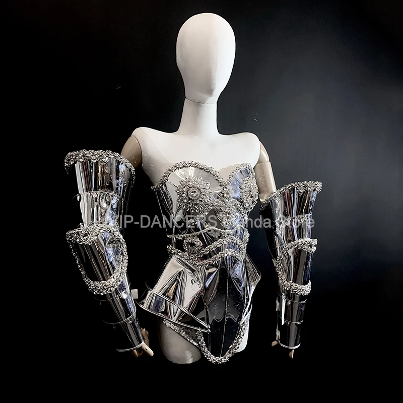 Strój Drag Queen Futurystyczna Zbroja Srebrny Kostium Sceniczny Lustrzany Kombinezon Damski Strój na Imprezę Gogo Pokaz Festiwalowy Rave Odzież VDL3160