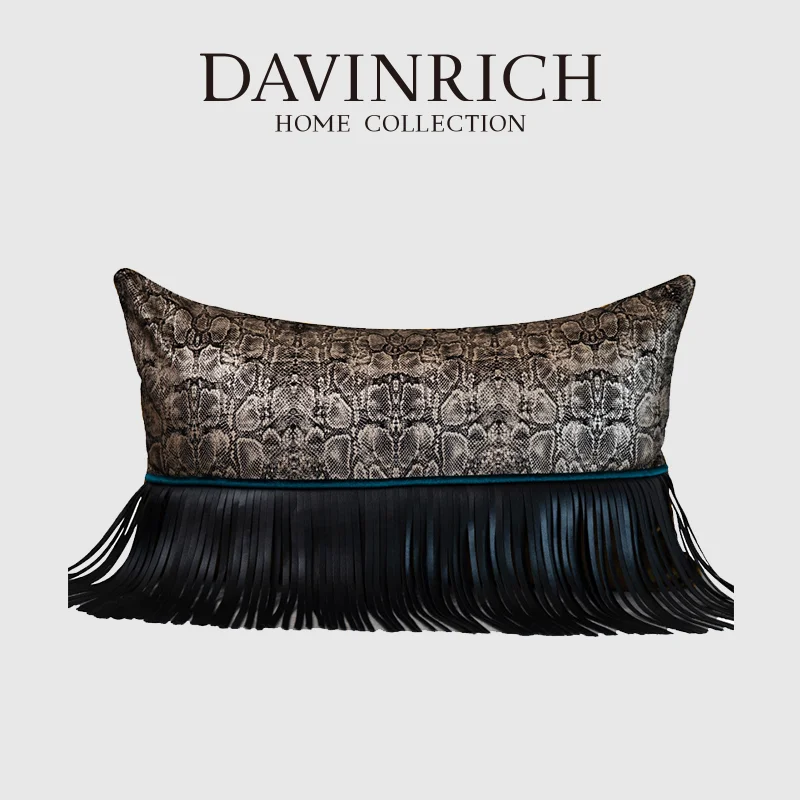 DAVINRICH Italian Master Design Series Cushion Cover Faux Python Skin Luxury Lumbar Pillowcase With Tassel Contemporary Art Deco