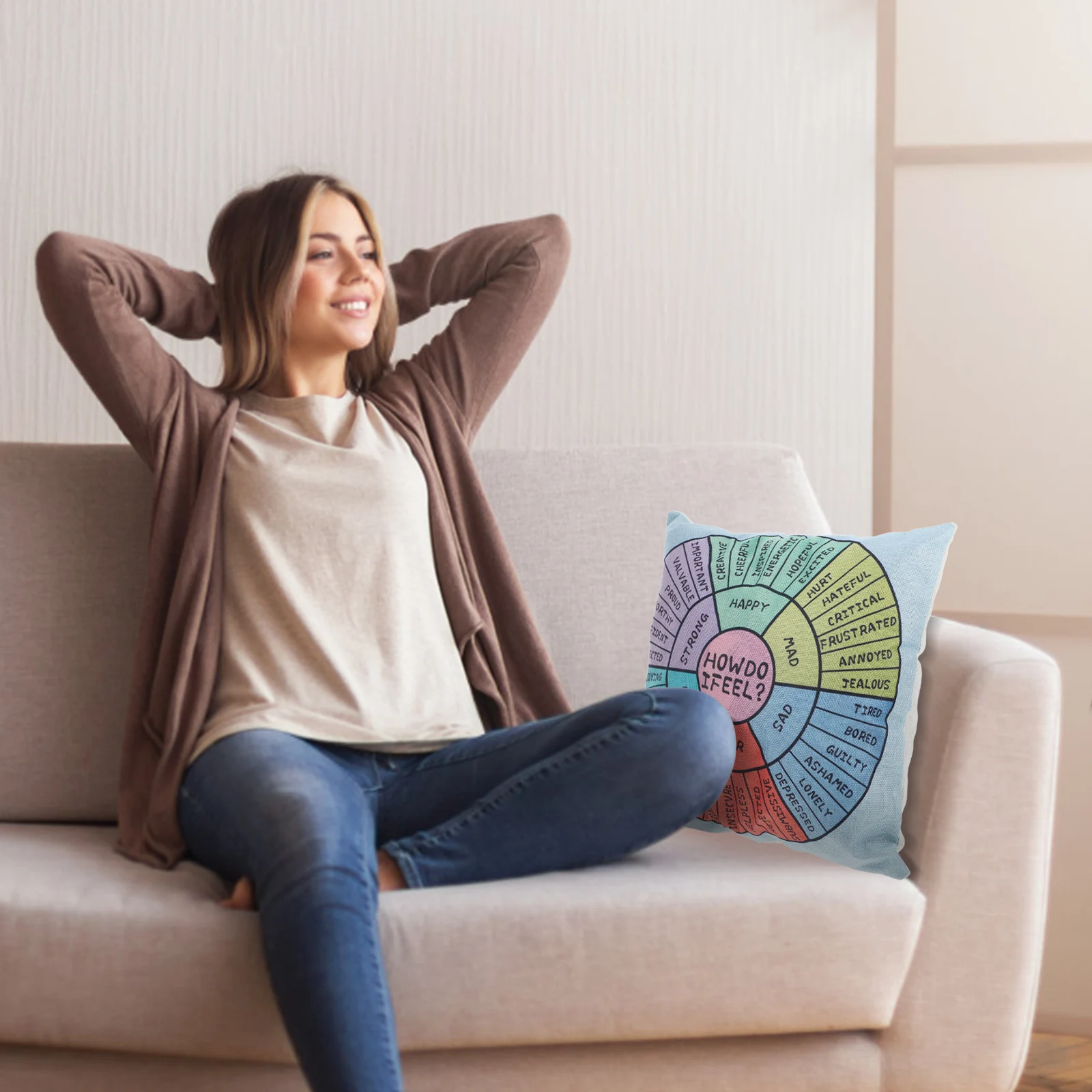 

Emotion Wheel Throw Pillowcase Square Linen Cushion Cover Therapy Decor Feelings Chart Pillow Cover Bed Couch Boho Pillow Covers