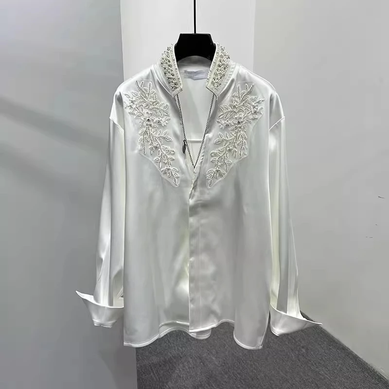 Men's 2025 Spring New Trendy Personality Pearl Rhinestone Stand Collar Top Male Pearl Satin V-neck Shirts Men's Niche Chic Shirt