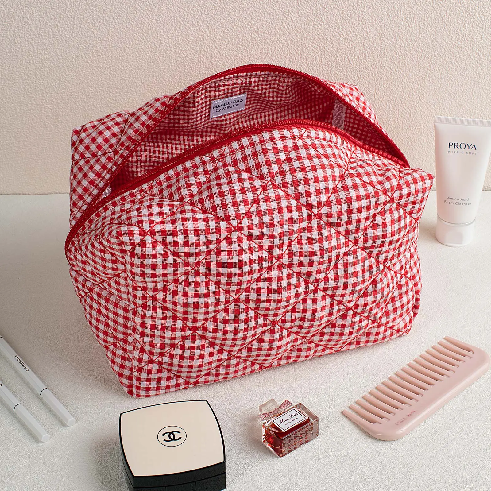 

MIROSIE-Pretty Red Gingham Print Makeup Bag with Zipper, Portable Travel Skincare Storage Pouch, Makeup Organizer, Big Size