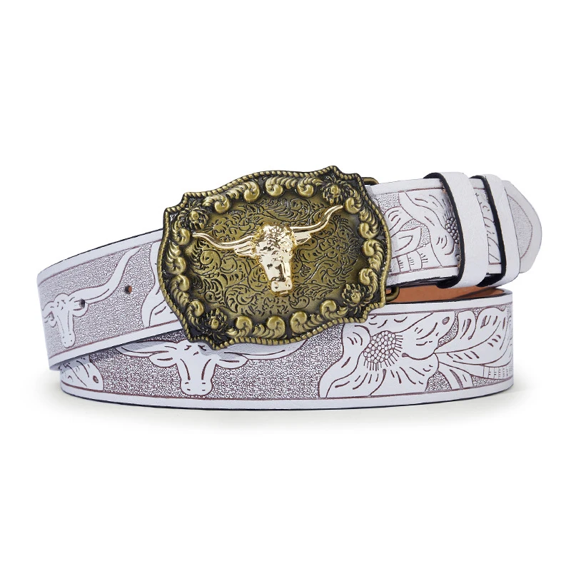 

Western Cowboy Leather Belt with Large Plate Buckle White Vintage Punk Style for Youth Men Women Fashionable Waist Belt