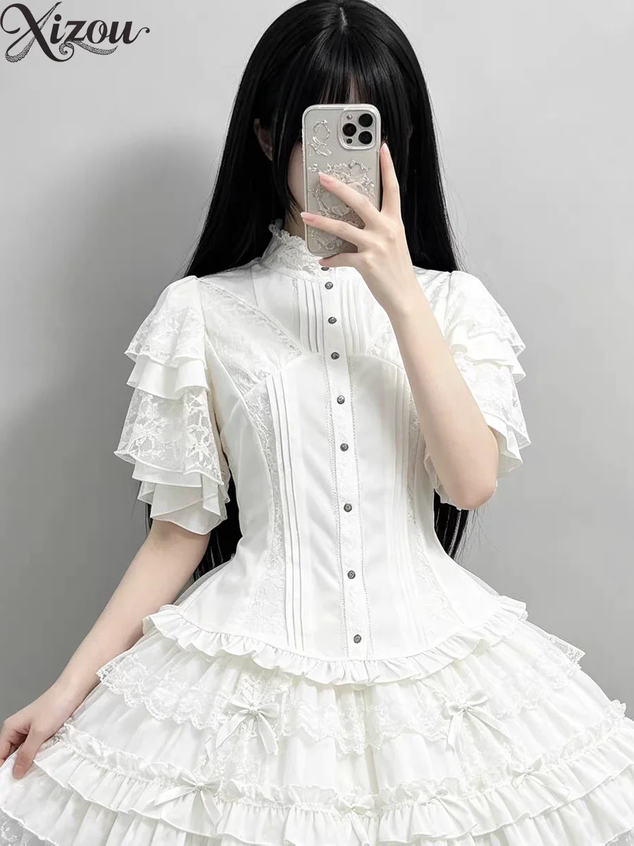 Classic Lolita Lace Blouse High Neck Pleated Slim Waist Shirt Gothic Elegant Short Sleeve Inner Top Spring Summer 2026 Top