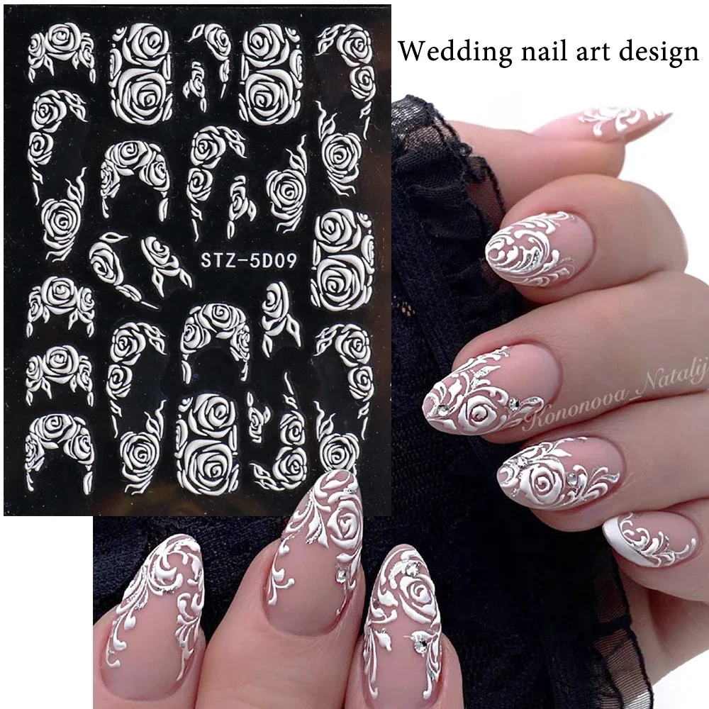 5D Nail Stickers White Wedding Nail Art Design Decoration Engraved Lace Sliders Monogram Decals French Manicure Dropshipping