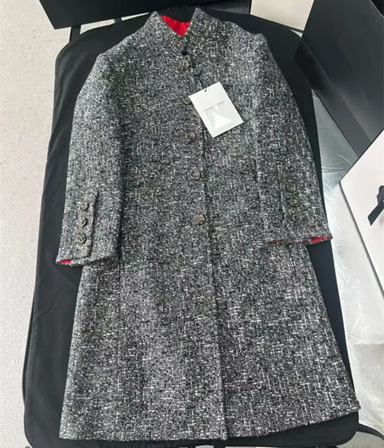 

Customization European women's clothing - new summer styles in 2026 Long-sleeved single-button grey tweed long coat