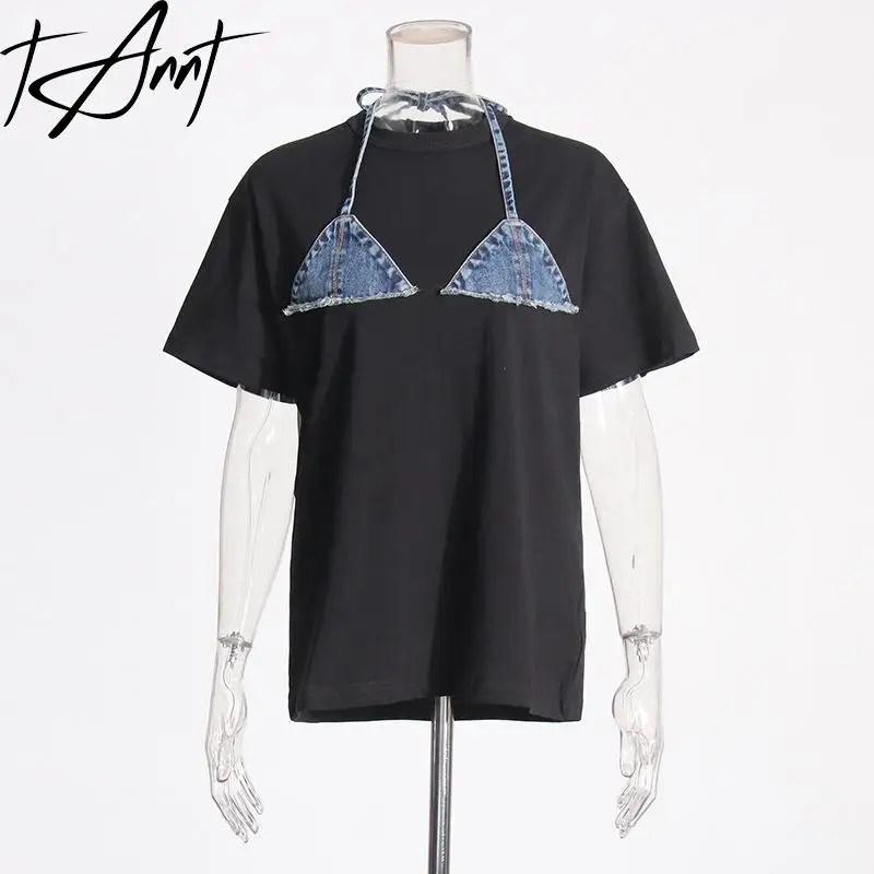 TANNT Women T Shirt 2024 Summer Short Sleeves Denim Stitched Tshirt Loose T Shirts Irregular Tee Shirt Female Top Tshirts