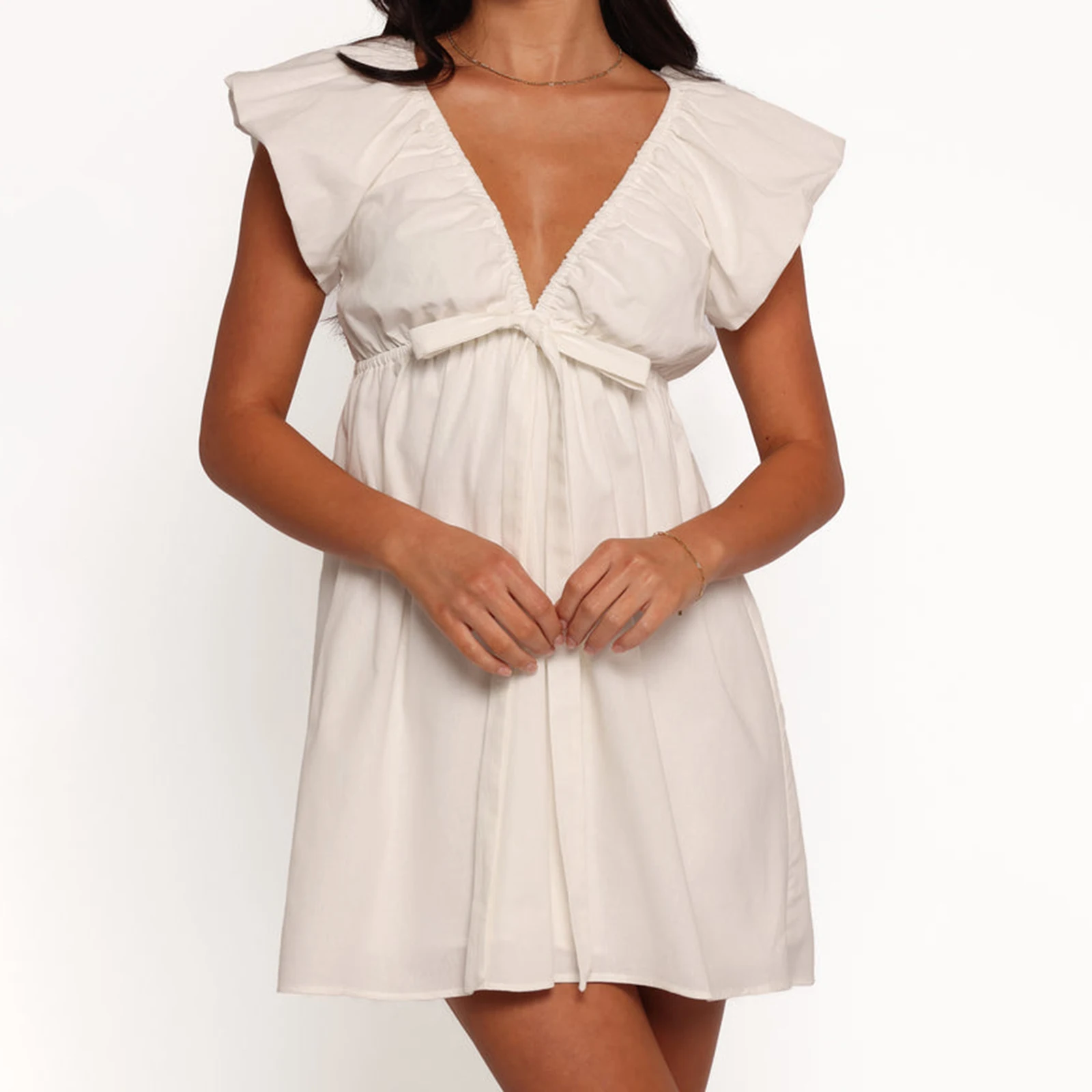 New Women Mini Dress Solid Color V-Neck Short Sleeve Dress Summer Fashion Bowknot Front Casual Dress Club Street Style S-XL