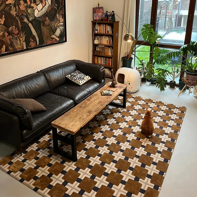 Vintage Plaid Handmade Wool Carpet Carpet Living Room Premium Blanket Maillard