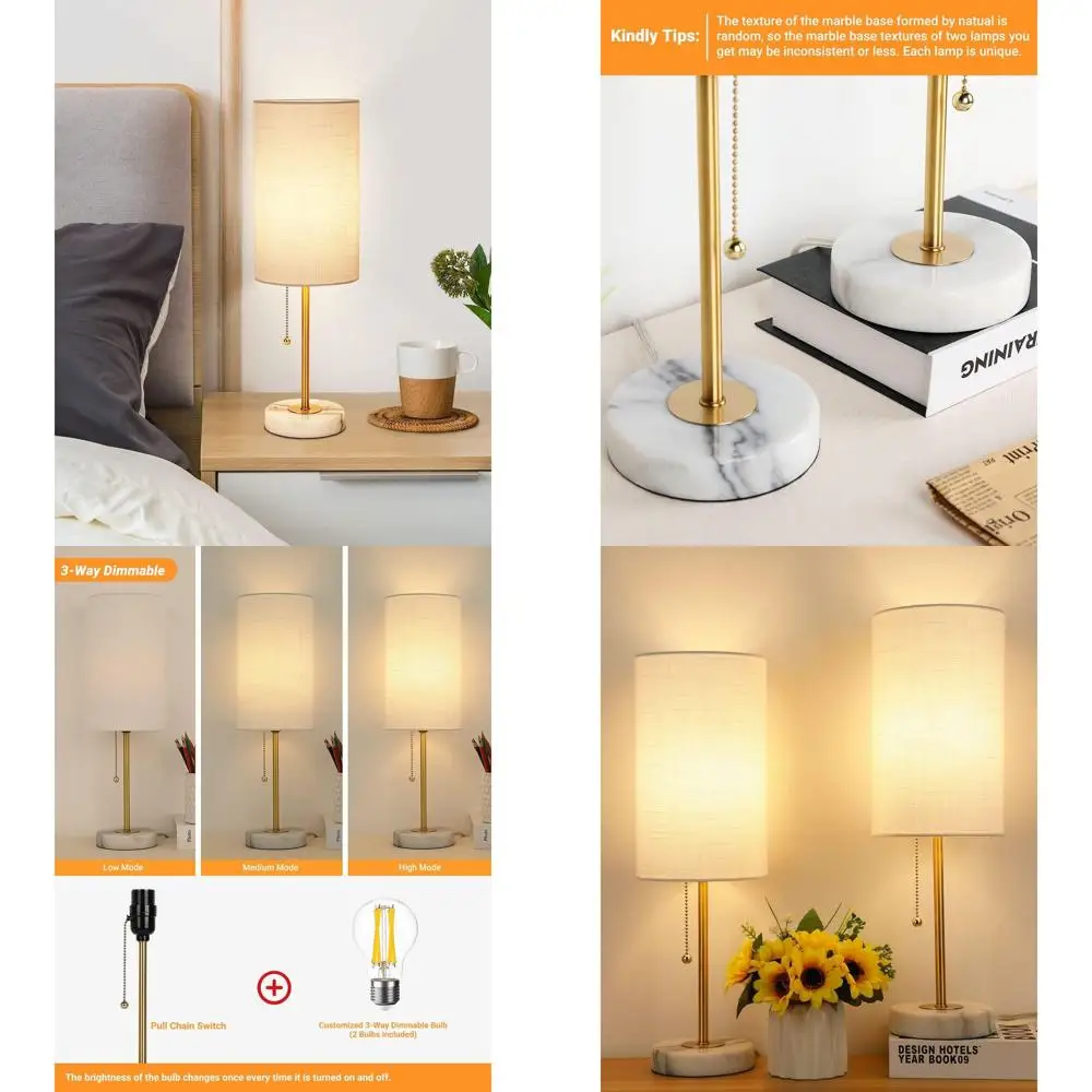 

Set of 2 3-Way Dimmable Marble Base Table Lamps with Linen Shades, 18.5 Tall, for Bedroom/Living Room (Bulbs Included)
