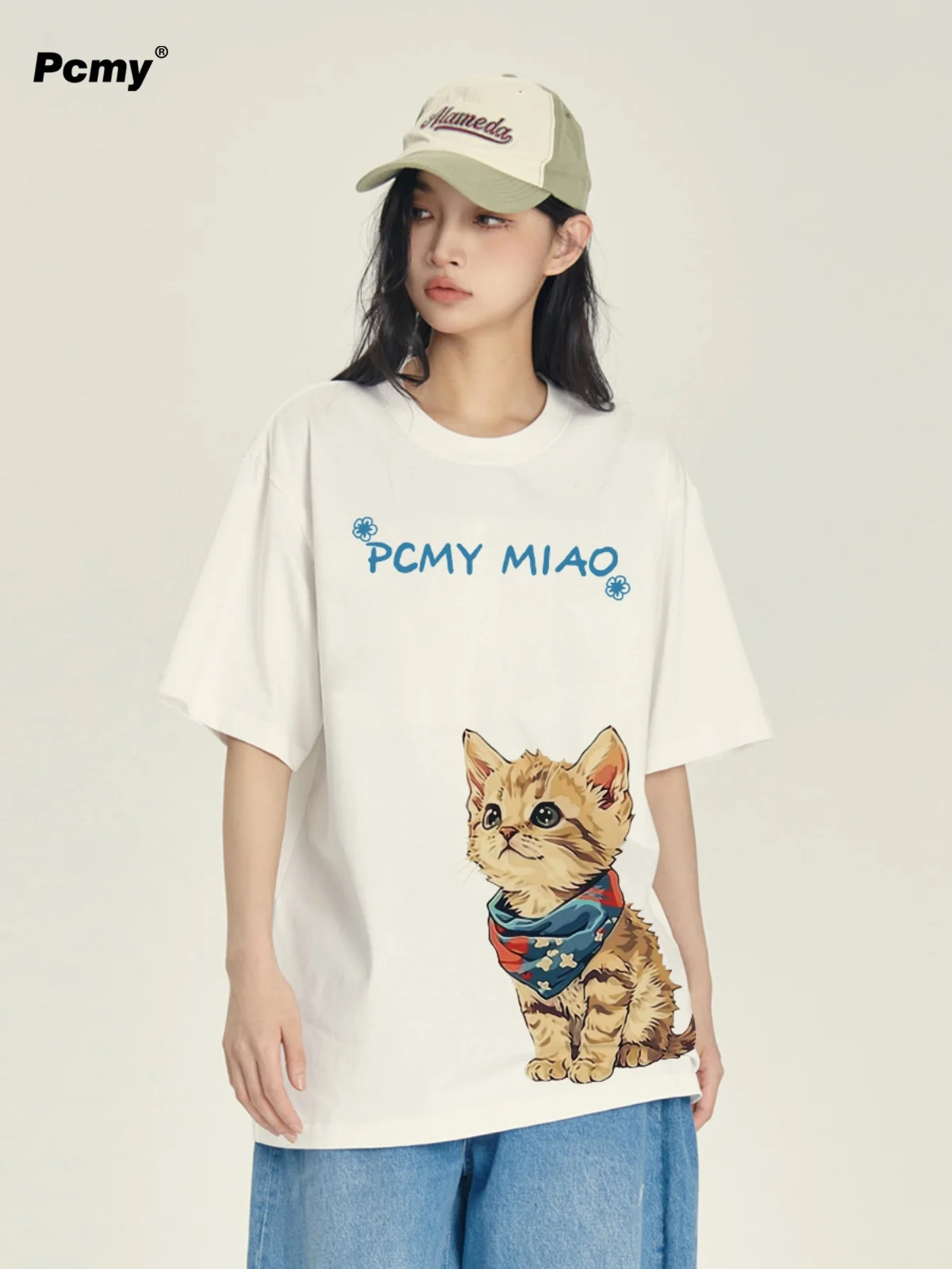 Angel Blue Meow Pattern T-shirt 2024 Summer New Fashion Casual Couple Loose Oversized T-shirt