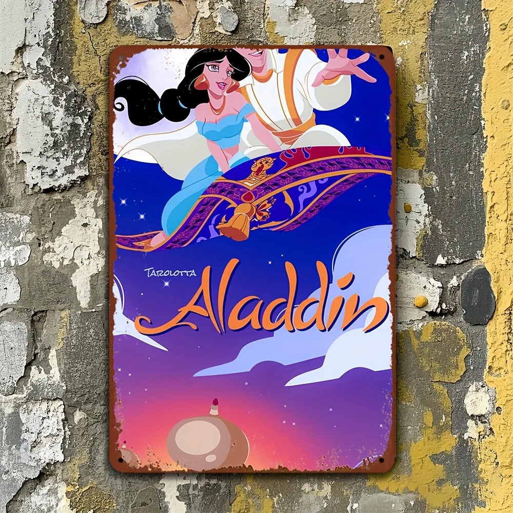 Letrero de metal de Aladdin & Jasmine, arte de pared con licencia oficial, 8.0 x 12.0 in, diseño vibrante de Disney con alfombra mágica y genio, Perfe