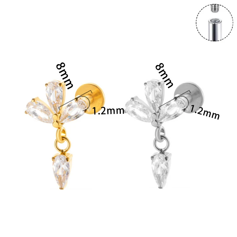 1PC G23 titane Piercing lèvres goujons fil interne oreille Stud Labret CZ pendentif Cartilage Tragus FlatBack Lobe Piercing bijoux