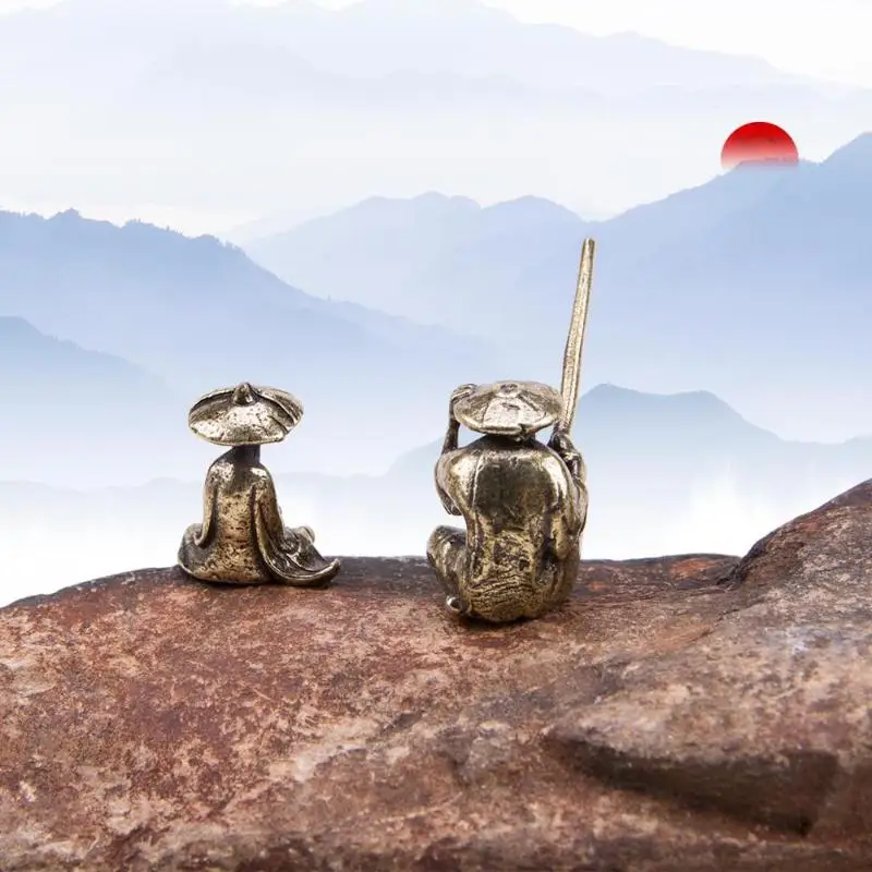 Vintage-Messing-Miniatur-Fischerfiguren, antike chinesische Bonsai-Metallstatuen, Dekorationen für Mikrolandschaften, Ornamente – Detail 4