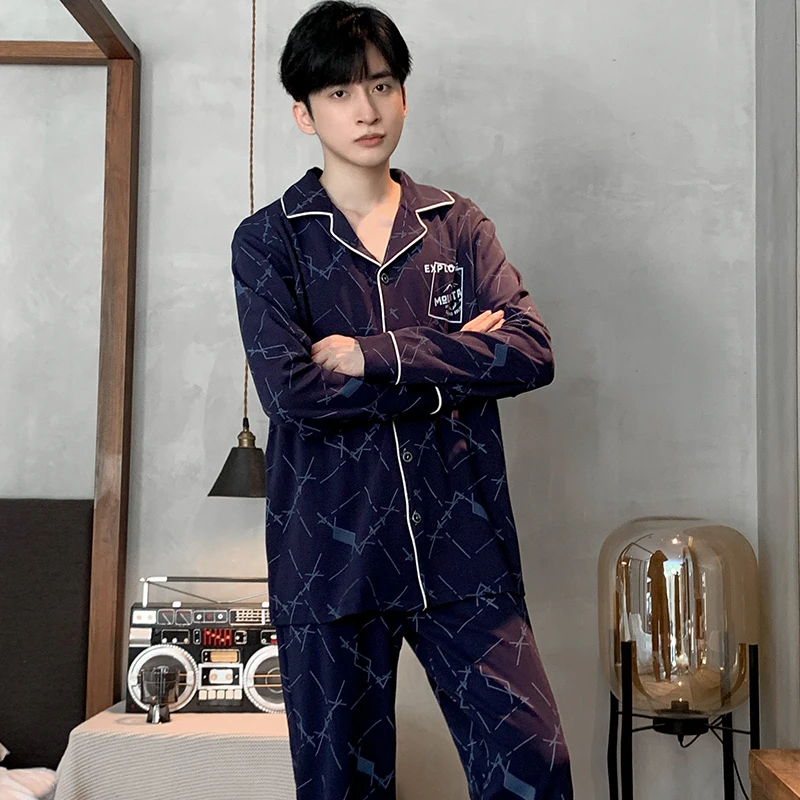 Factory wholesale winter 100% cotton men's pajamas lapel cardigan long sleeve nightwear men's cotton casual plus size sleepwear