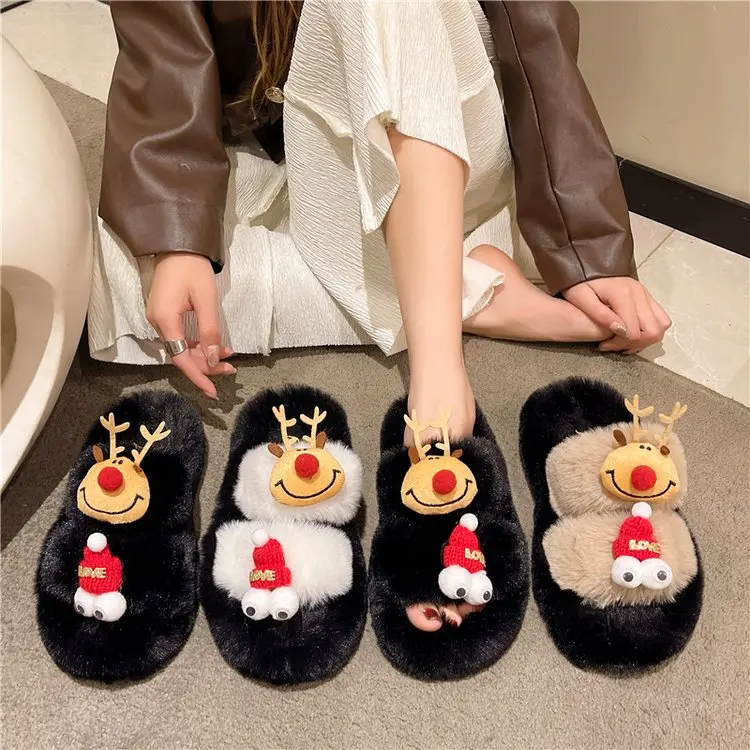 real photos cartoon Outdoor Cotton Slippers Furry Warm Faux Fur Slides Autumn New Non-slip Thick Bottom Plush Shoes for Winter