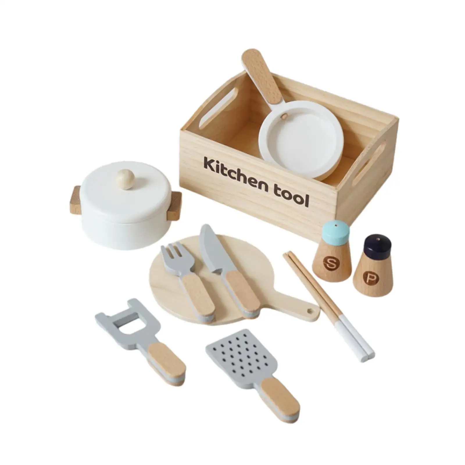 Wooden Cooking Play Set with Frying Pan and Cutting Board for Children