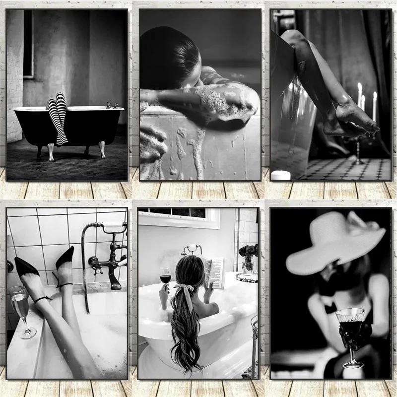 

Black and White Woman Bathroom Canvas Painting Woman in Bathtub Print Poster Girls Vintage Wall Art Toilet Fashion Decoration