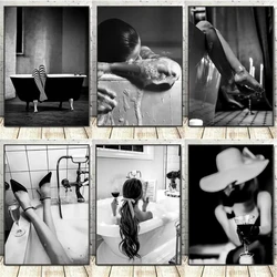 Black and White Woman Bathroom Canvas Painting Woman in Bathtub Print Poster Girls Vintage Wall Art Toilet Fashion Decoration