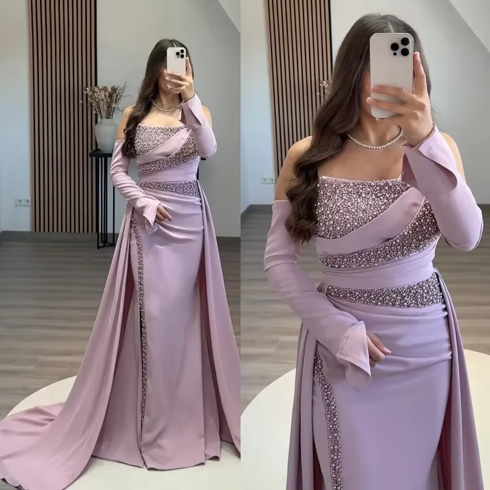 

Enchanting Purple Evening Dress Detachable Long Sleeve Strapless Pleat Pearl Mermaid Ball Dress Special Occasion Party Dress Cus
