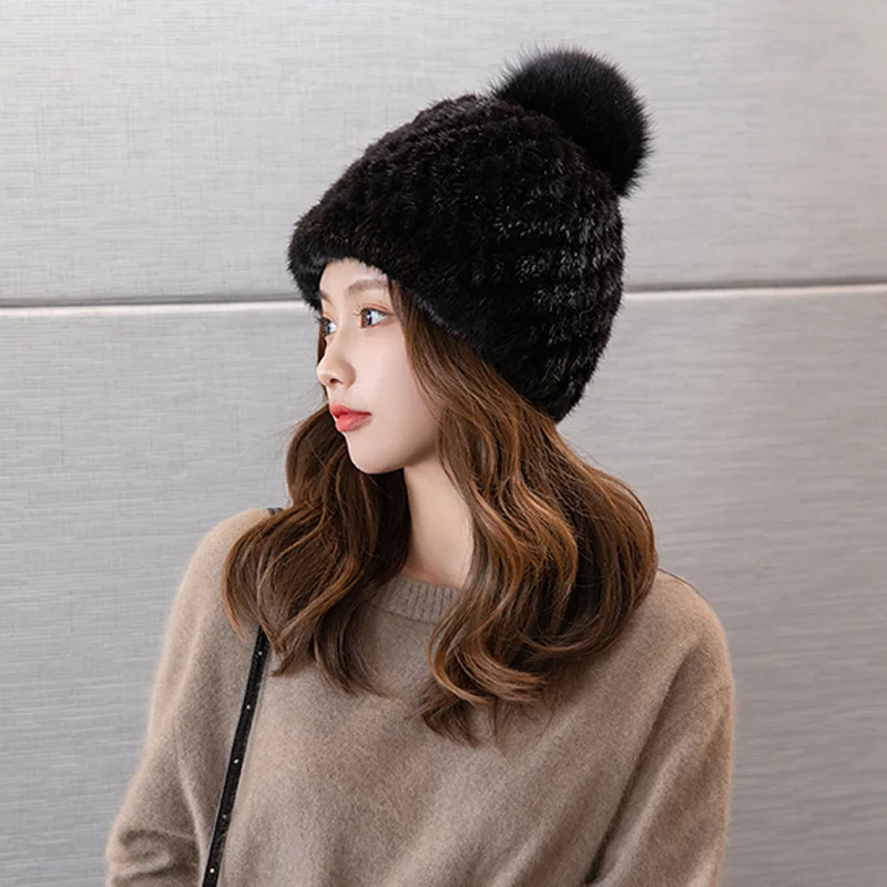 Winter Genuine 100% Fur  Mink Weaving Fur Cap Women Bomber Hat Windproof Warm Earmuffs Fox Flat Grey/Black Russian Hat Fitted