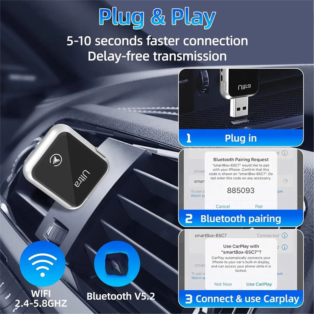 2026 New CarPlay Wireless Adapter,Mini USB Design for Cars with Wired CarPlay,Plug and Play,Fast and Stable Connection for