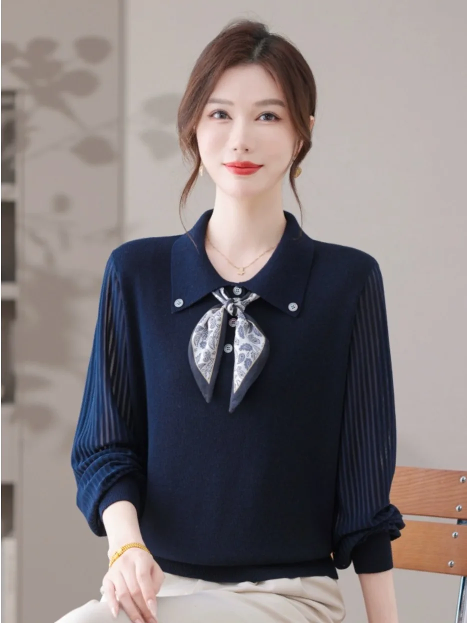 Luksusowa europejska damska dzianinowa bluzka z kołnierzykiem, długa, wełniana, bazowa, typu T-shirt, codzienna, wygodna, miękka mieszanka poliestru.