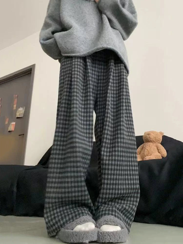 منقوشة واسعة الساق السراويل للنساء الشتاء سميكة الدافئة فضفاضة سراويل للجري الإناث عالية الخصر الشارع الشهير كل مباراة السراويل المستقيمة