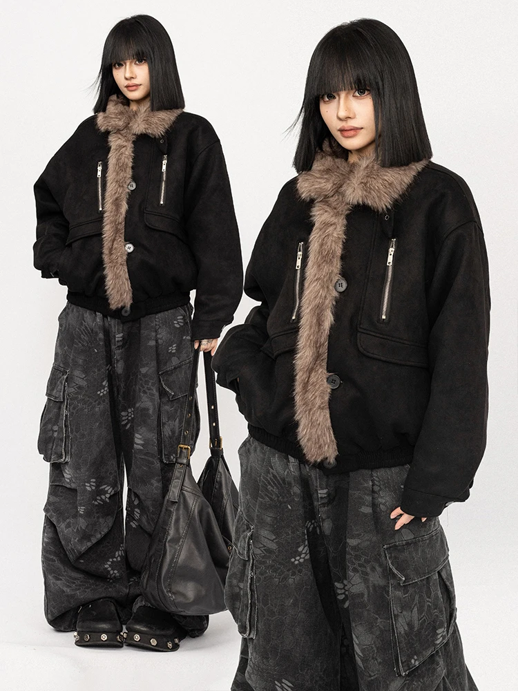 

Зимнее пальто OCTTFLAB в американском ретро-стиле из утолщенного хлопка, свободного кроя, с меховым воротником, теплое, верхняя одежда для женщин