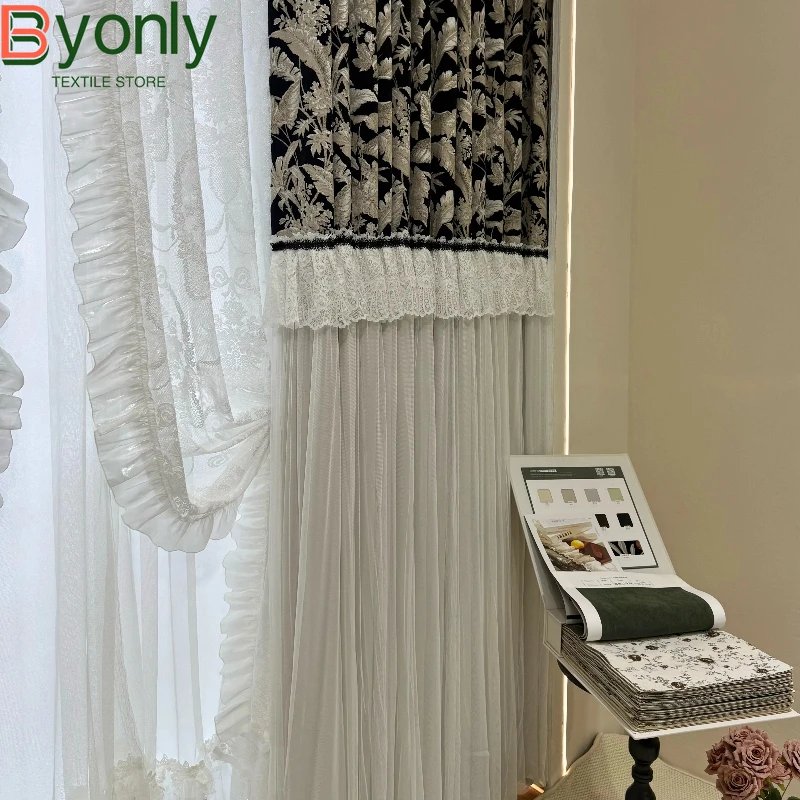 

French Retro Chenille Jacquard Splicing Curtains for Bedroom Living Room Drift Window Curtains Customized Door Curtains