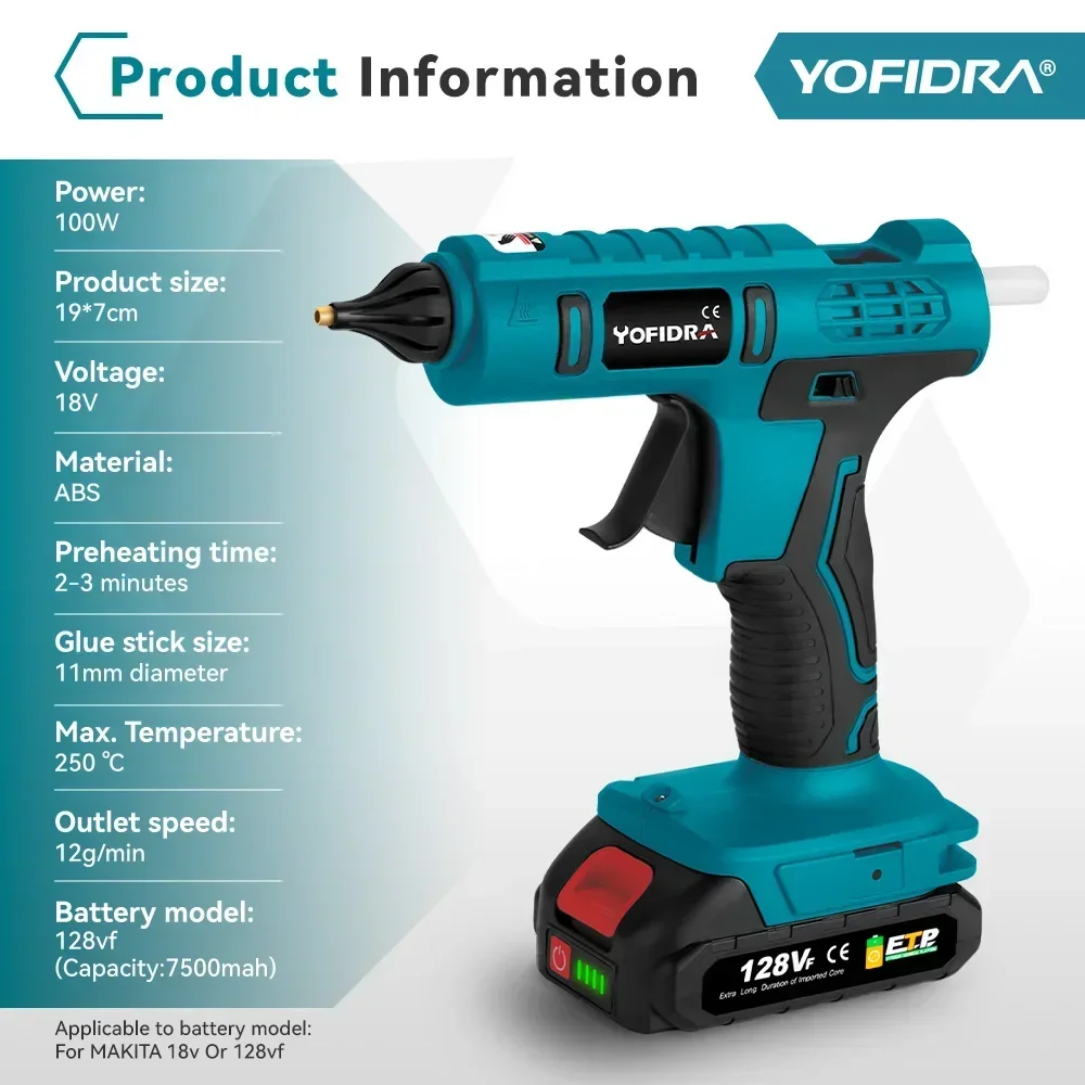 Yofidra 100W 260° High Temperature Hot Glue Gun for Arts&DIY Heat Repair Tool Electric Hot Melt Glue Gun For makita 18V Battery