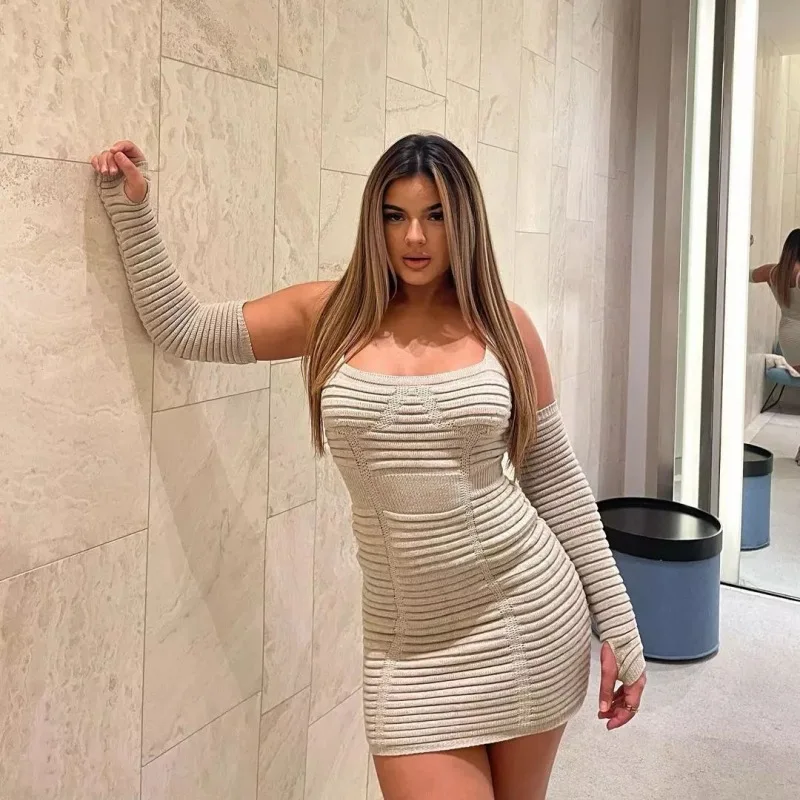

Knitted Strap Bodycon European and American Style Tight Sleeve Elegant Dress Women