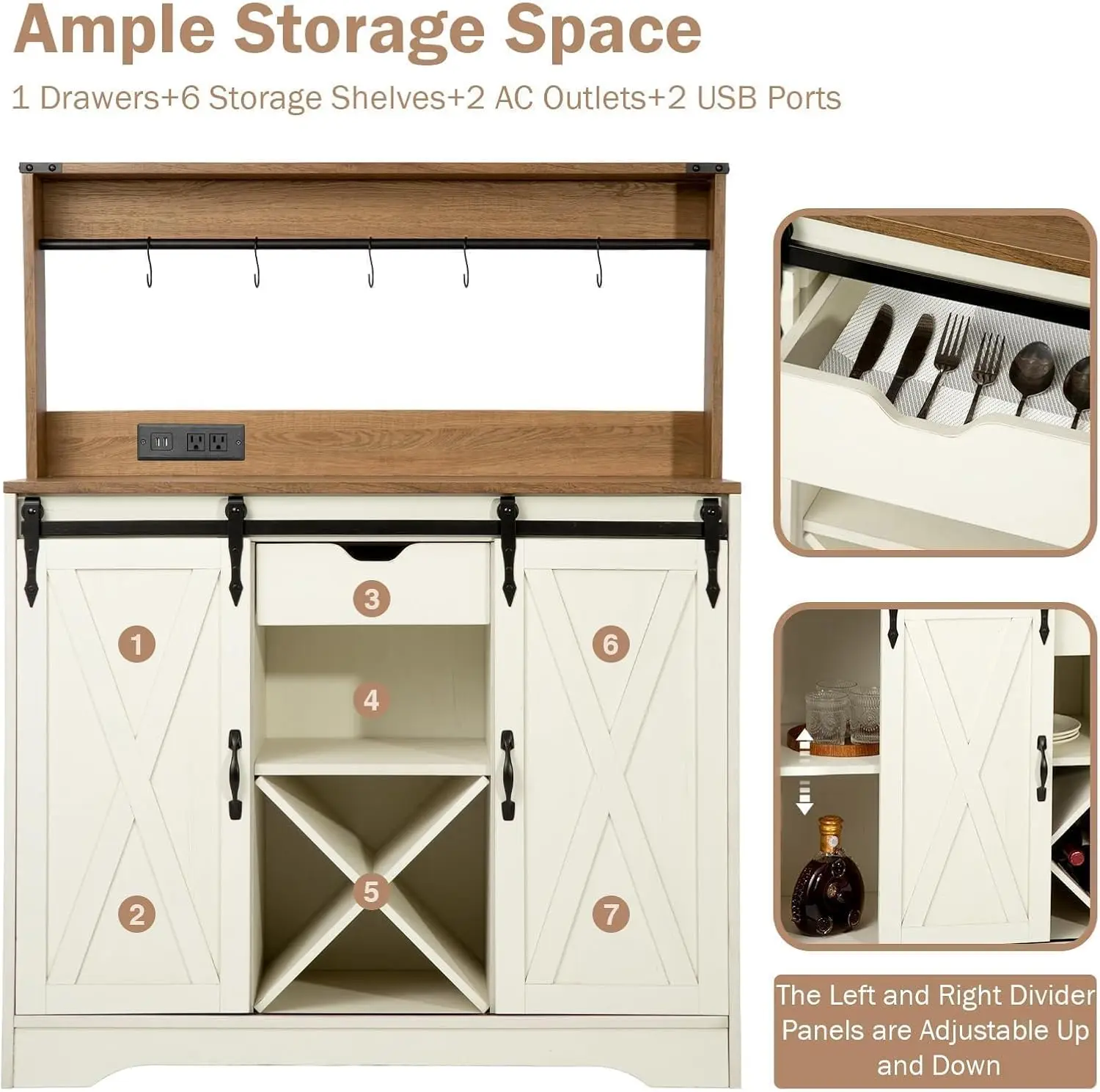 خزانة بار القهوة في المزرعة مع محطة شحن، باب الحظيرة المنزلقة، حقيبة مطبخ بيضاء مقاس 43 بوصة #6