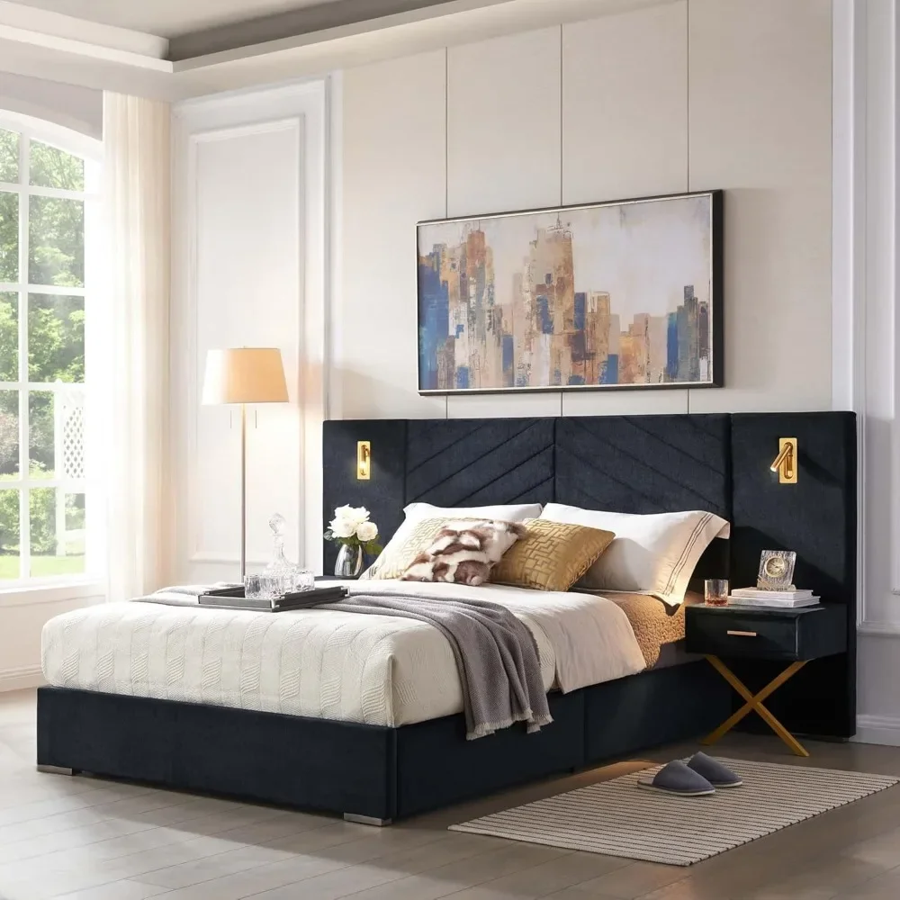 Queen Bed Frame with Built-in LED Lights and Nightstands and Oversize Upholstered Headboard, Bed Frame