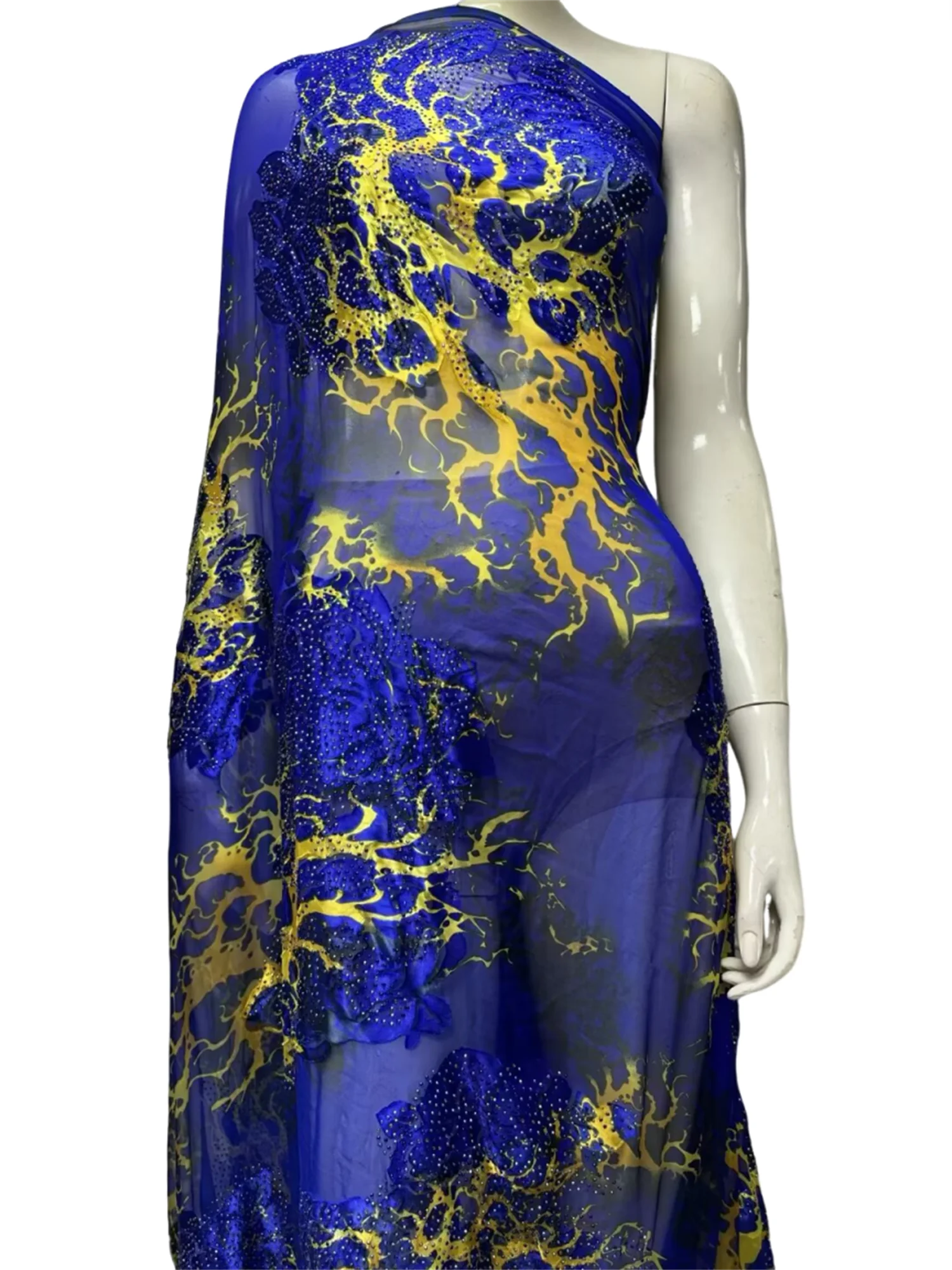5+2 Yards/Set Fashion Soft African Chiffon Print Satin Silk Fabric Stones Swiss Voile Lace For Party Lady Dress Sewing Material